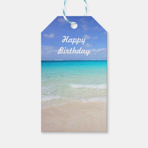 Happy Birthday Azure Blue Caribbean Tropical Beach Gift Tags