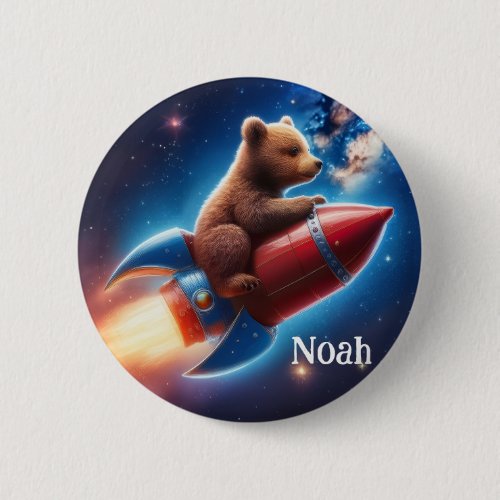 Happy Birthday Baby Bear Space Rocket Party Button