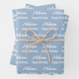 Happy Birthday Baby Blue and White Name Pattern Wrapping Paper Sheets