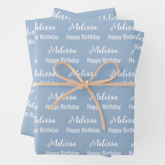 Happy Birthday Baby Blue and White Name Pattern Wrapping Paper Sheets (In situ)