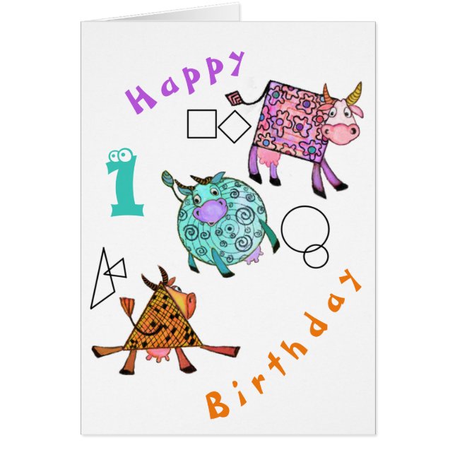 Happy Birthday Baby Card Colorful Geometric Cows (Front)
