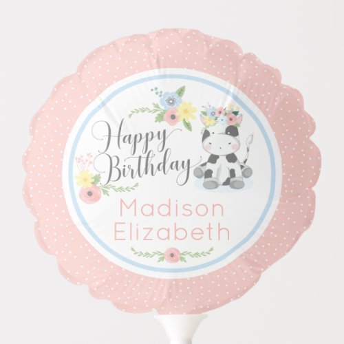 Happy Birthday Baby Cow Floral 1st Birthday Party Balloon