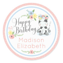 Happy Birthday Baby Cow Floral 1st Birthday Party Classic Round Sticker