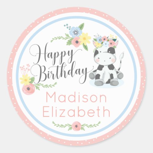 Happy Birthday Baby Cow Floral 1st Birthday Party Classic Round Sticker