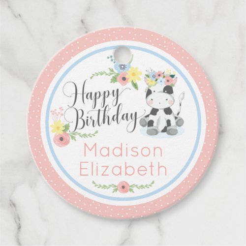 Happy Birthday Baby Cow Floral 1st Birthday Party Favor Tags