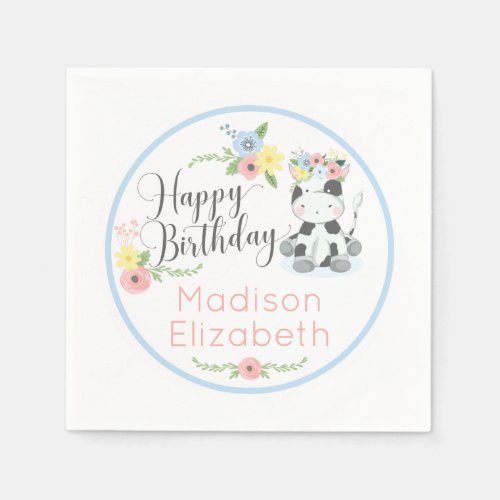 Happy Birthday Baby Cow Floral 1st Birthday Party Napkins