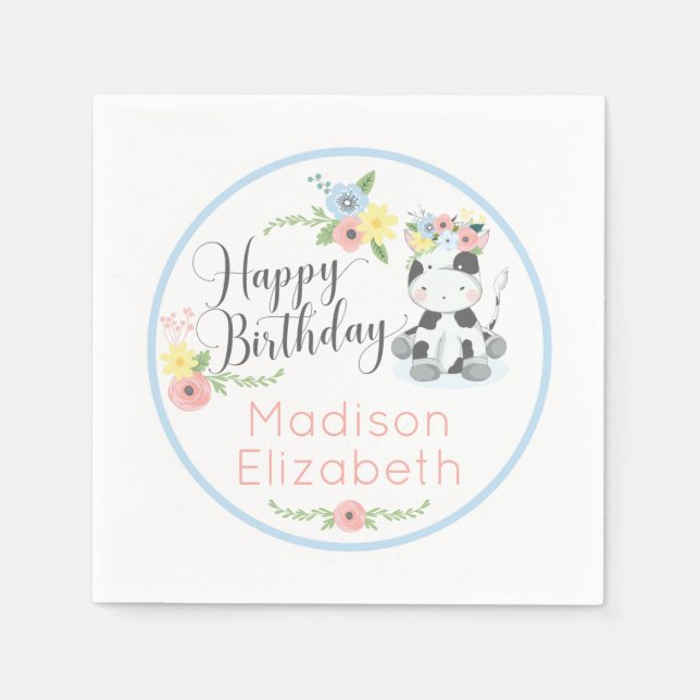 Happy Birthday Baby Cow Floral 1st Birthday Party Napkins (Front)