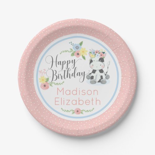 Happy Birthday Baby Cow Floral 1st Birthday Party Paper Plates