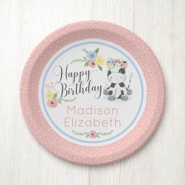 Happy Birthday Baby Cow Floral 1st Birthday Party Paper Plates (Creator Uploaded)