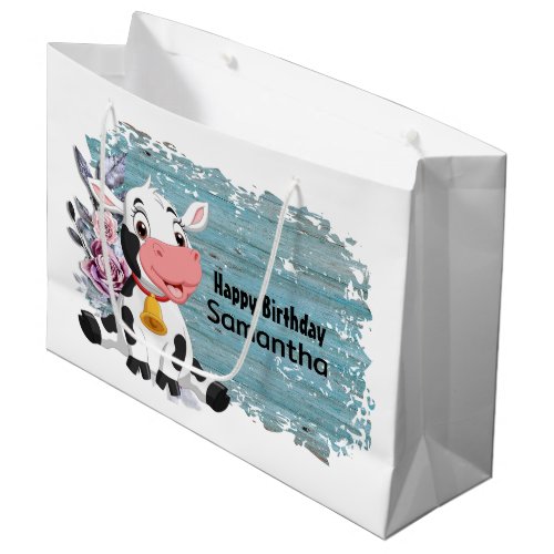 Happy Birthday Baby Cow Rustic Blue Large Gift Bag