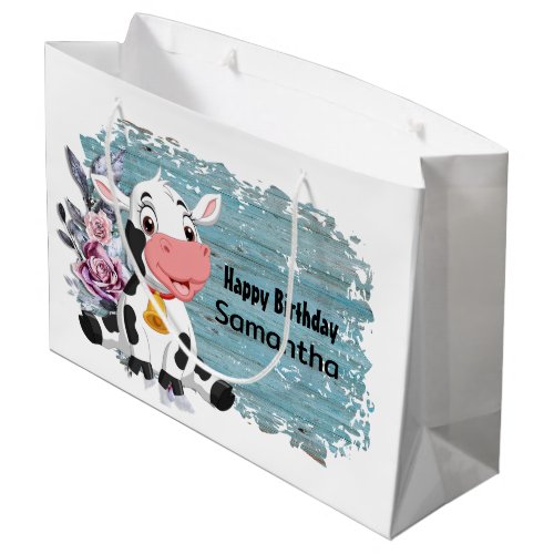 Happy Birthday Baby Cow Rustic Blue Large Gift Bag