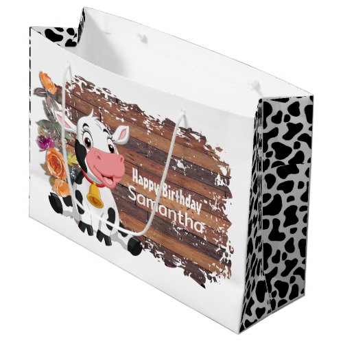 Happy Birthday Baby Cow Rustic Brown  Large Gift Bag