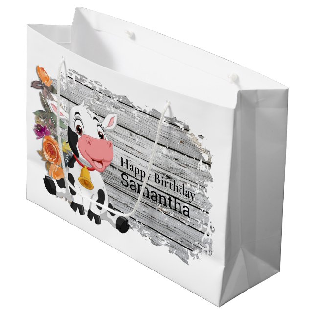 Happy Birthday Baby Cow Rustic Grey Large Gift Bag (Front Angled)