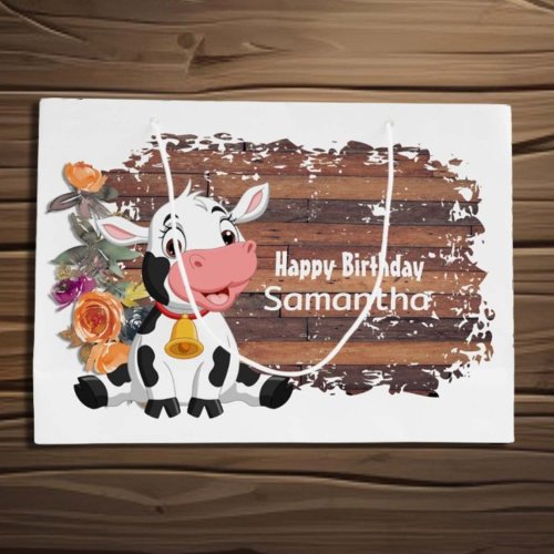 Happy Birthday Baby Cow Rustic Large Gift Bag