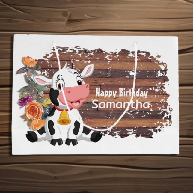 Happy Birthday Baby Cow Rustic Large Gift Bag (Creator Uploaded)