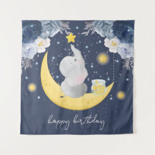 Happy Birthday Baby Elephant on Moon Tapestry