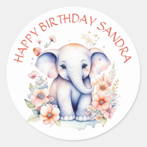 Happy Birthday Baby Elephant Personalized Classic Round Sticker