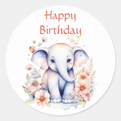 Happy Birthday Baby Elephant Watercolor Classic Round Sticker