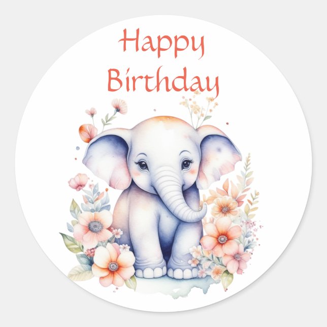 Happy Birthday Baby Elephant Watercolor Classic Round Sticker (Front)