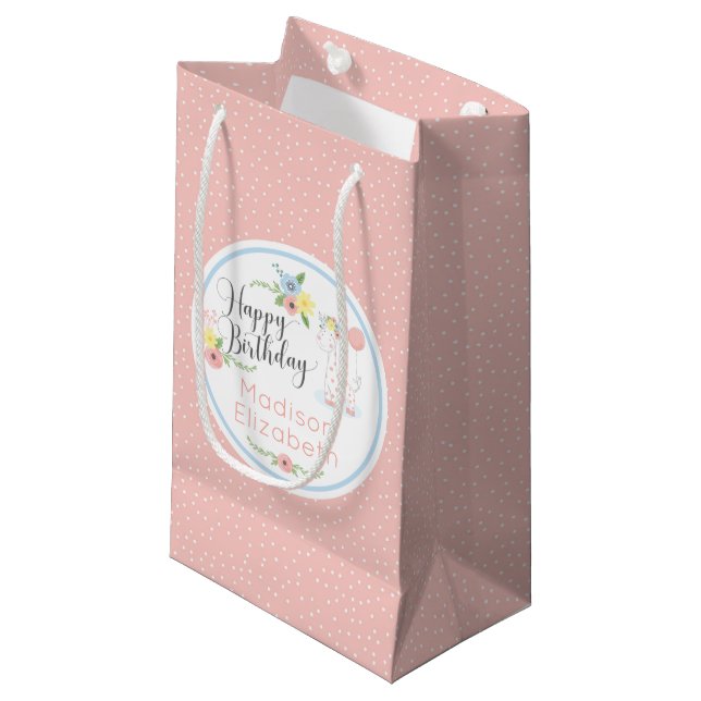 Happy Birthday Baby Giraffe Floral Calf Custom Small Gift Bag (Front Angled)
