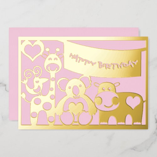 Happy Birthday Baby Girl Animals In Gold Foil Foil Holiday Card