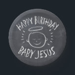 Happy Birthday Baby Jesus Christmas Christian      Paper Plates<br><div class="desc">Fashionable and fun chalkboard look. Sometimes it's nice to remember what CHRISTmas is celebrated for. Share the spirit of your faith with others. This plate features the 'real' chalkboard background but there are variations and this image is also on many other items - from cards to t-shirts, just check in...</div>