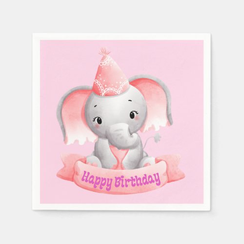 Happy Birthday Baby Pink Elephant Napkins