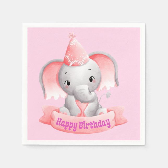 Happy Birthday Baby Pink Elephant Napkins (Front)