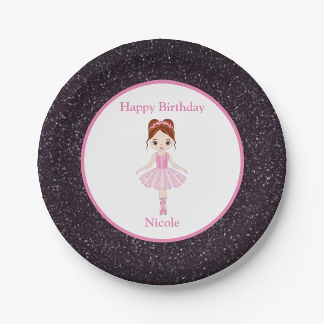 Happy Birthday Ballerina Black Sparkle Paper Plates (Front)