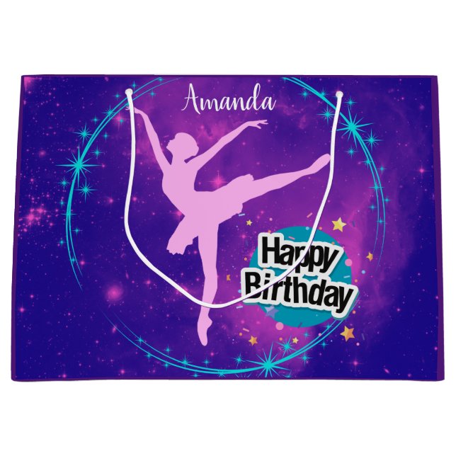 Happy Birthday Ballerina Galaxy Personalized Large Gift Bag (Front)