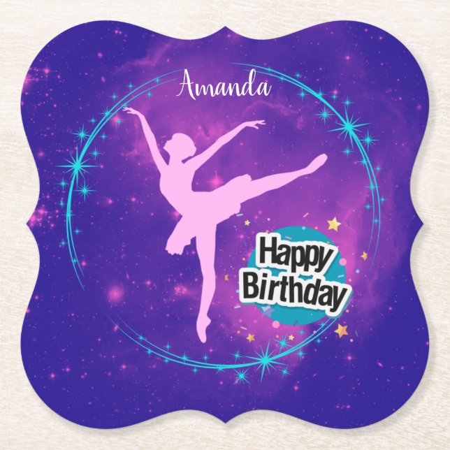 Happy Birthday Ballerina Galaxy Personalized Paper Coaster (Front)