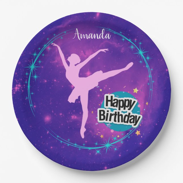 Happy Birthday Ballerina Galaxy Personalized  Paper Plates (Front)
