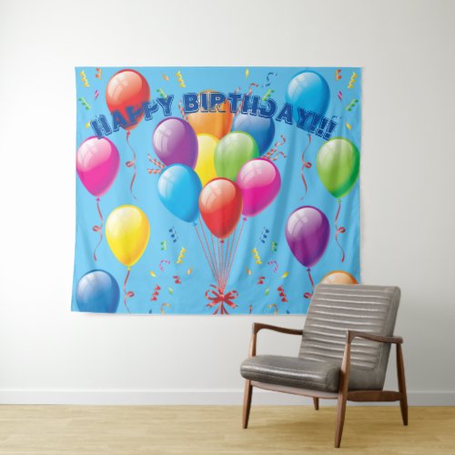 Happy Birthday Balloon Backdrop  Banner _ Blue