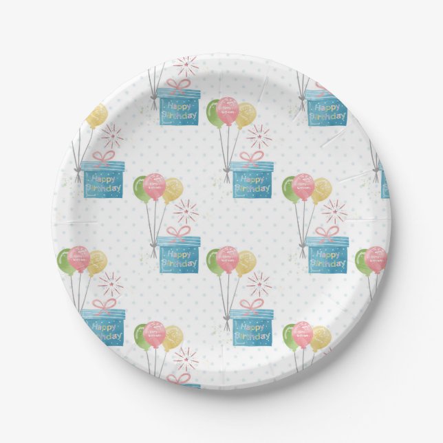 Happy Birthday Balloons and Gift Box Paper Plates (Front)