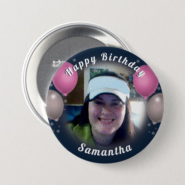 Happy Birthday Balloons and Photo Pink Button (Front & Back)