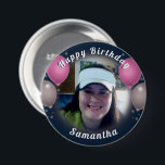 Happy Birthday Balloons and Photo Pink Button<br><div class="desc">All text is adjustable! Fun balloons and confetti happy birthday one photo button. All artwork designed by Valarie Wade.</div>