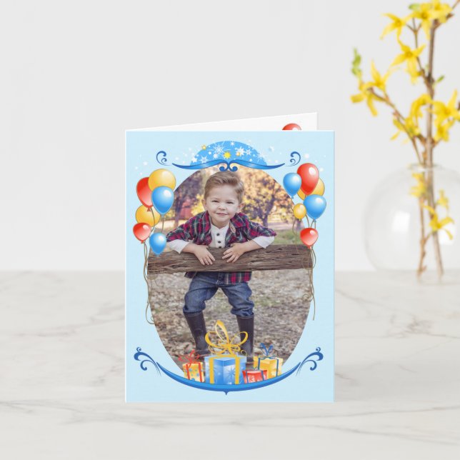 Happy Birthday Balloons Custom Name & Age Photo Card (Yellow Flower)