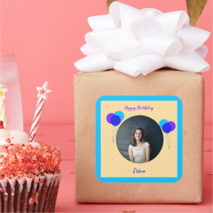 Happy Birthday Balloons Custom Photo and Text Square Sticker