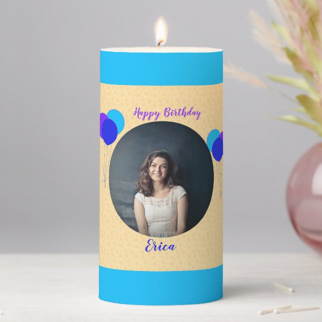 Happy Birthday Balloons Custom Photo with Text Pillar Candle (In Situ)