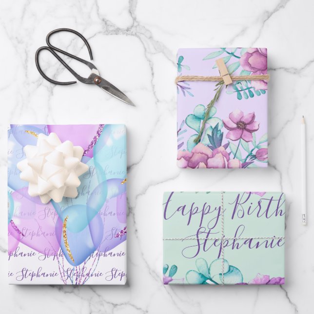 "Happy Birthday" Balloons Floral Purple Lavender Wrapping Paper Sheets (Front)