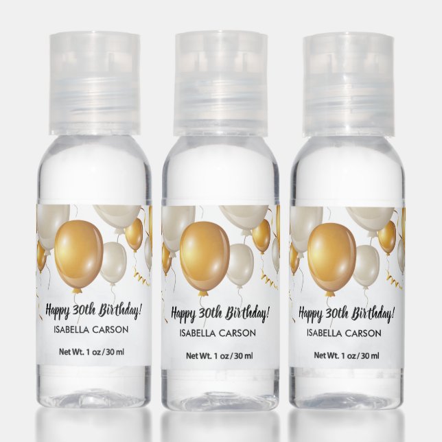 Happy Birthday Balloons Gold Black White Custom Hand Sanitizer (Set)