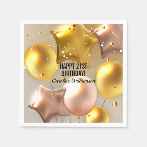 Happy Birthday Balloons Gold Glitter Any Year Name Napkins