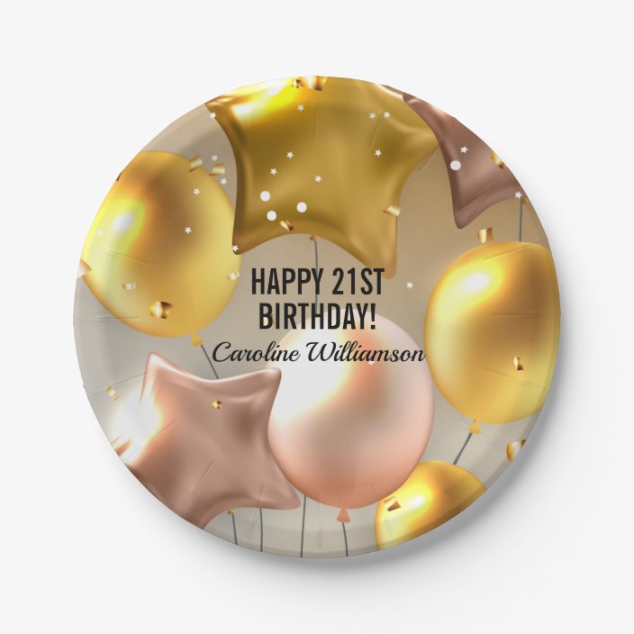 Happy Birthday Balloons Gold Glitter Any Year Name Paper Plate Zazzle Com