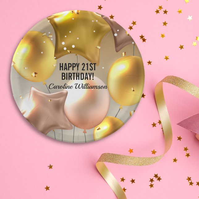 Happy Birthday Balloons Gold Glitter Any Year Name Paper Plates (Creator Uploaded)