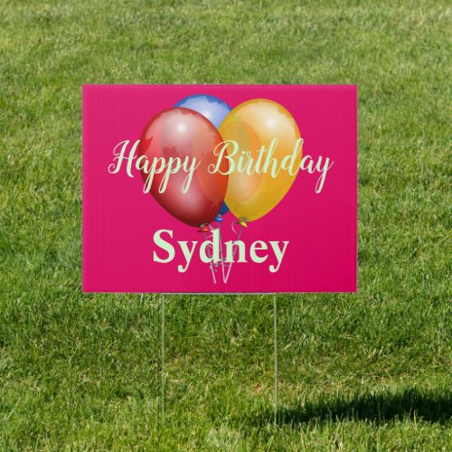 Happy Birthday Balloons Hot Pink Yard Sign