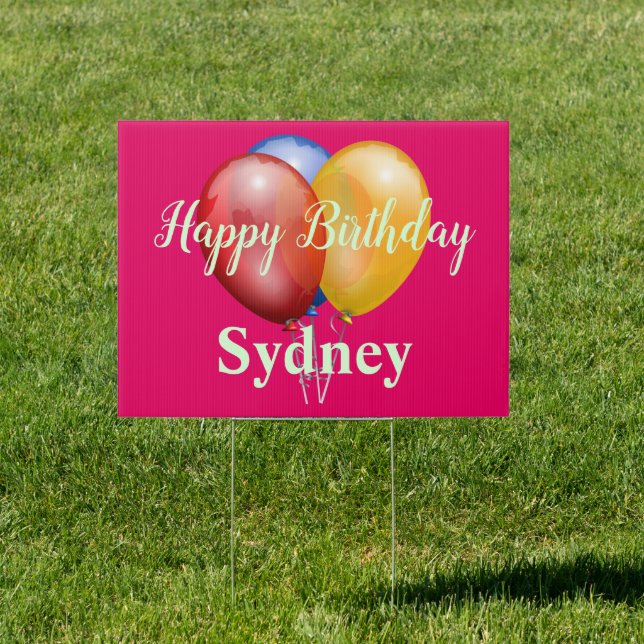 Happy Birthday Balloons Hot Pink Yard Sign (Insitu)