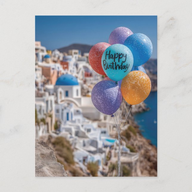 Happy Birthday Balloons in Santorini, Greece Holiday Postcard (Front)