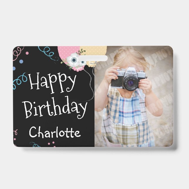 Happy Birthday Balloons Name and Photo Black Badge (Front)