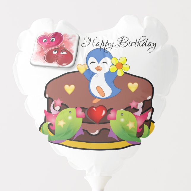 Happy Birthday  Balloons Penguin Hearts (Front)