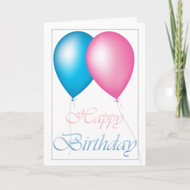 Happy Birthday Balloons Pink and Blue Card (Front)